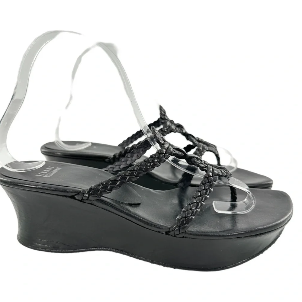 Stuart Weitzman womens sandals 8 black leather braided chunky platform slides